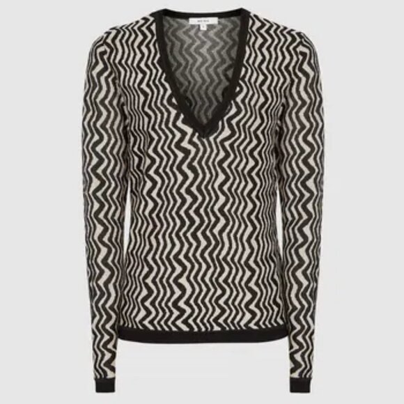 Reiss Mali Zig-Zag Sweater V-Neck Wavy Zebra Knit Pullover Black & Cream | Sz L - Picture 4 of 16